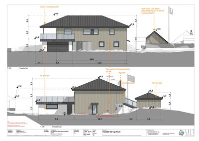Fasadetegning som viser oppriss av bygningens ytre utseende sett fra sør og aust, med mål og endringer.