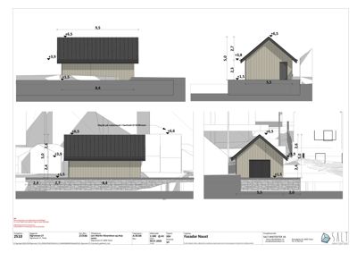 Fasadetegning som viser oppriss av en bygning med mål og detaljer for vegger og tak.