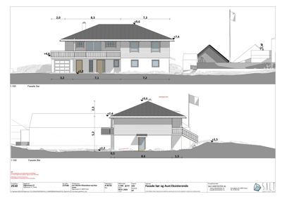 Fasadetegning som viser bygningens utseende fra sør og øst, inkludert mål, høyder og terrengforhold.