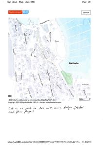 Kart over Stathelle med gatene og bygningene merket. Bildet inneholder også håndskrevne notater om en park.