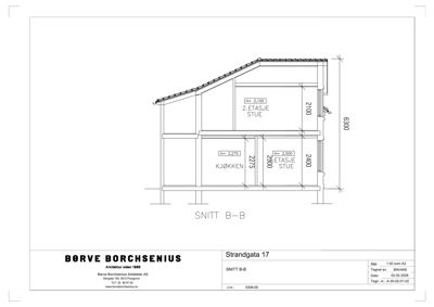 Snittegning (Snitt B-B) som viser tverrsnittet av en bygning med oppgitt høyder og romfordeling.