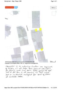 Kart over et område med flere bygninger, gater (Egiphusgata, Strandgata) og en skriftlig notat om arealbegrensninger.