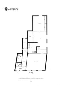 Plantegning av 2. etasje med romfordeling (stue, kjøkken, soverom, bad, WC, vindfang) og tekniske symboler.