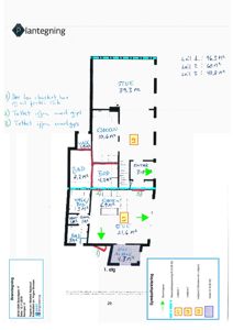 Etasjeplan (plantegning) som viser romfordeling, arealer og symboler for en leilighet.
