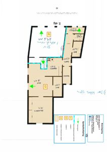Etasjeplan (2. etg) med romfordeling, arealoppgaver og håndskrevne notater.