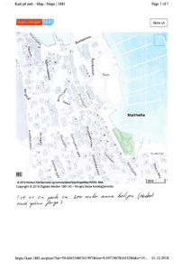 Kart over Stathelle med gater, bygninger og et parkområde markert med grønn farge.