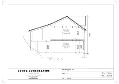 Snittegning (SNITT A-A) som viser bygningens tverrsnitt med høyder og romfordeling.
