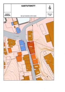 Kartutsnitt (situasjonsplan) som viser eiendomsgrenser, vegnett, høydemålerlinjer og eiendomsnummer i Bamble kommune.
