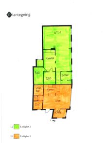 Plantegning av 1. etasje som viser romfordeling for to leiligheter (L1 og L2) med fargekodet markering.