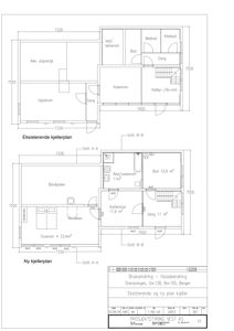 Bildet viser to etasjeplaner for en kjeller: 'Eksisterende kjellerplan' og 'Ny kjellerplan'. Planene viser romfordeling, dimensjoner og snittreferanser.