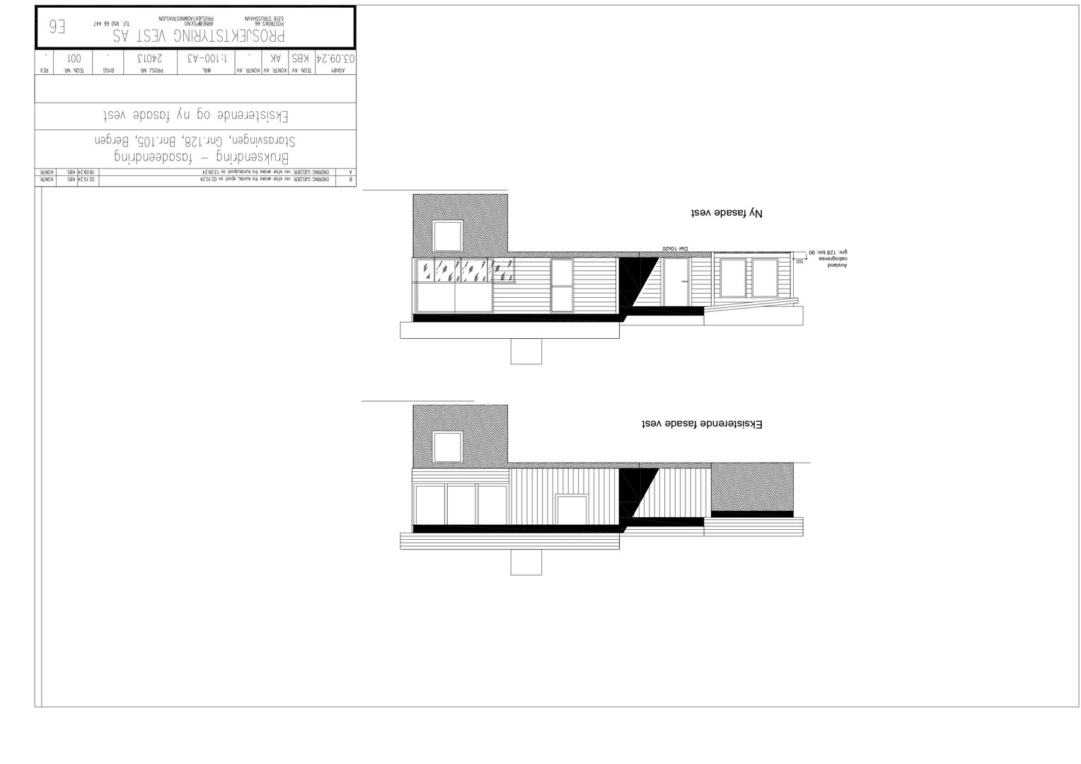 Fasadetegning som viser eksisterende og ny fasade sett fra vest.