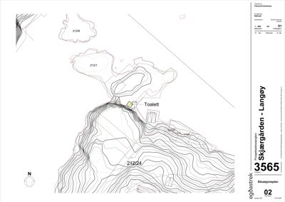 Situasjonsplan som viser topografi (konturlinjer), eiendomsnummer (212/1, 212/6, 212/24), toalettbygning og nabolagsgrenser.