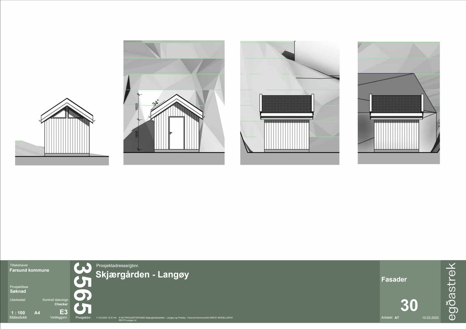 Fasadetegning som viser bygningens utseende fra flere vinkler, inkludert mål og detaljer.