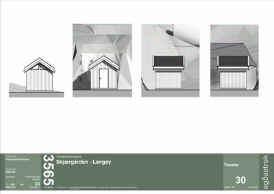 Fasadetegning som viser bygningens utseende fra flere vinkler, inkludert mål og detaljer.