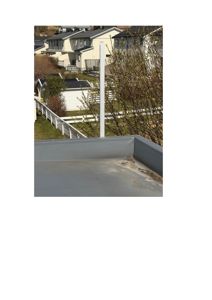 Fotografi tatt fra taket av en bygning, som viser en grå takflate i forgrunnen og nabolaget med hus og hekker i bakgrunnen.