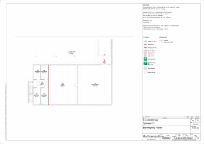 Etasjeplan for kjelleren (Slett A-A) som viser romfordeling, arealer og brannskille.