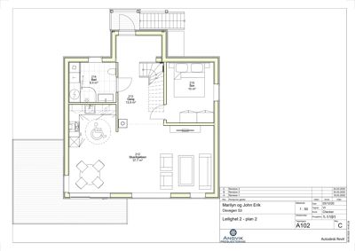 Etasjeplan for leilighet 2, plan 2, som viser romfordeling, møblering og arealer.
