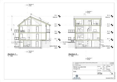 Snittegning (Section 1 og Section 2) som viser bygningens indre oppbygning, høyder, etasjer og konstruksjon.