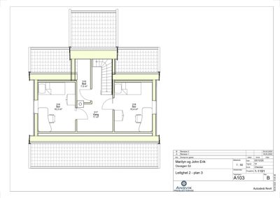 Etasjeplan for leilighet 2, plan 3, som viser romfordeling, arealer og plassering av trapp.