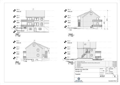 Fasadetegning som viser bygningens utseende fra fire sider (Nord, Sør, Øst, Vest) med høydemål og etasjer.