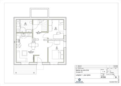 Plantegning av kjellerleilighet med romfordeling, arealer og møblering.