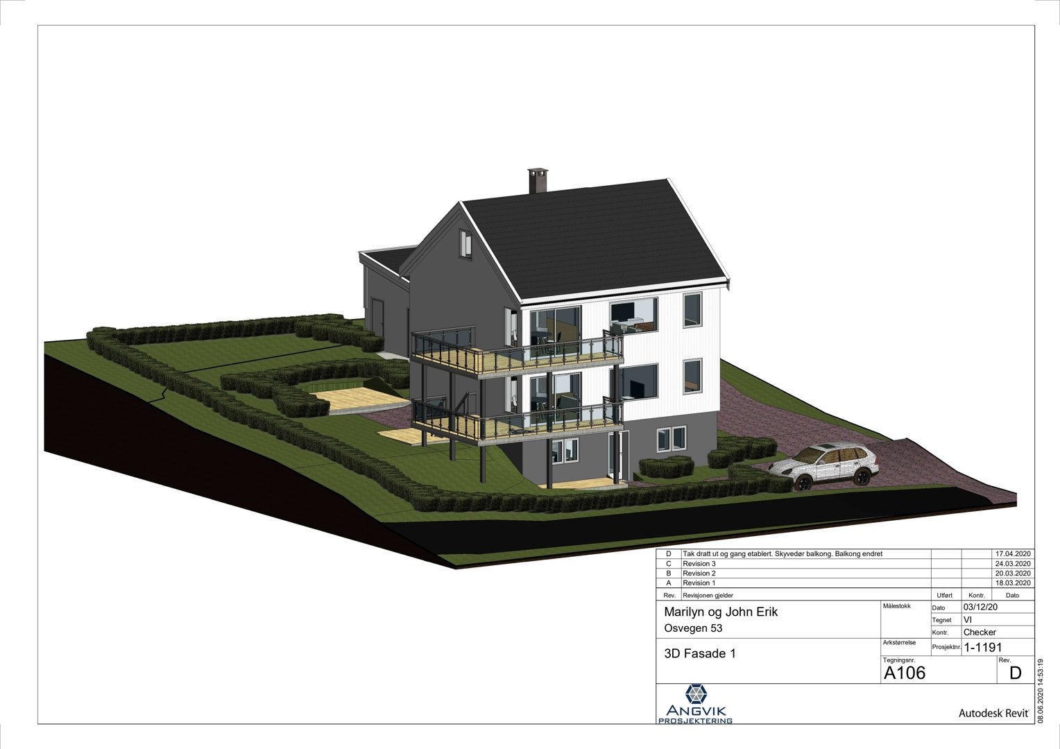 3D-visualisering av et hus med omgivelser (hage, bil, terreng) sett fra et vinklet perspektiv.