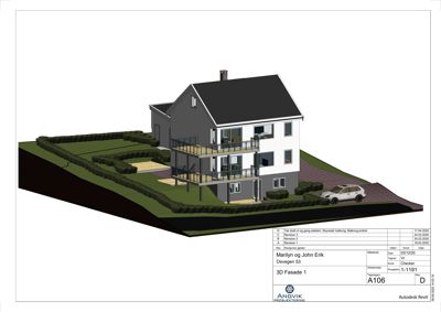 3D-visualisering av et hus med omgivelser (hage, bil, terreng) sett fra et vinklet perspektiv.