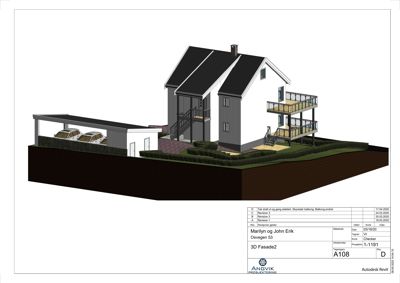 3D-visualisering (rendering) av en husfasade med tilhørende garasje og hageanlegg.