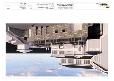 3D-visualisering av en restaurantbygning med terrasse og pergola, sett fra utsiden mot havet.