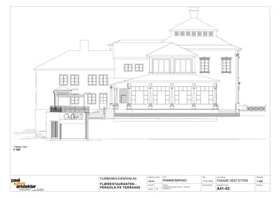 Fasadetegning (opprikk) av bygningen sett fra vest, med detaljer om terrass og pergola.