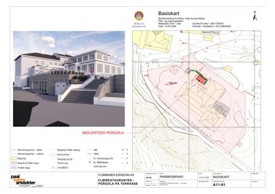 Basiskart som viser situasjonsplan med bygning, terrengkonturer og eiendomsgrenser
