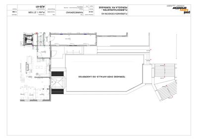 Plantegning av etasjeplan for en terrasse over et avfalls- og lagerbygg, med romfordeling og dimensjoner.