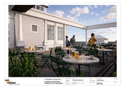 3D-visualisering av en utendørs terrasse med pergola, bord, stoler og personer.