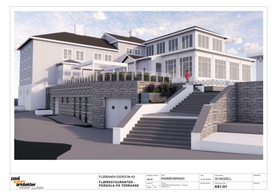 3D-visualisering av fasade og terrass med pergola for Fløibanen Eiendom AS