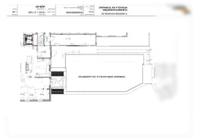 Plantegning av etasjeplan for en terrasse over et avfalls- og lagerbygg, med romfordeling og dimensjoner.