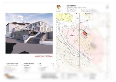 Basiskart som viser situasjonsplan med bygning, terrengkonturer og eiendomsgrenser