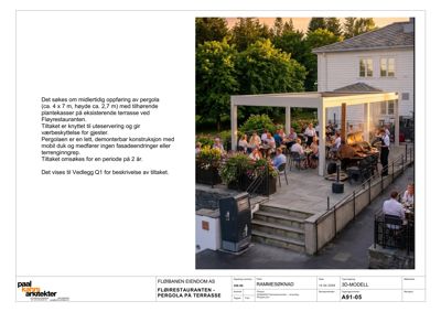 Fotografi av en pergola på en terrasse med gjester, planlagt for en midlertidig restaurering.