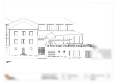 Fasadetegning (Fasade Nord) av et bygg med mål og detaljer.