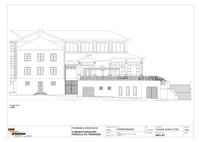 Fasadetegning (Fasade Nord) av et bygg med mål og detaljer.