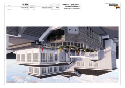 3D-visualisering av etasjens fasade med terrasse og pergola