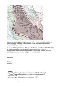 Et kart som viser et regulert område (The Whale) med overlappende planer og tekst om friområder.