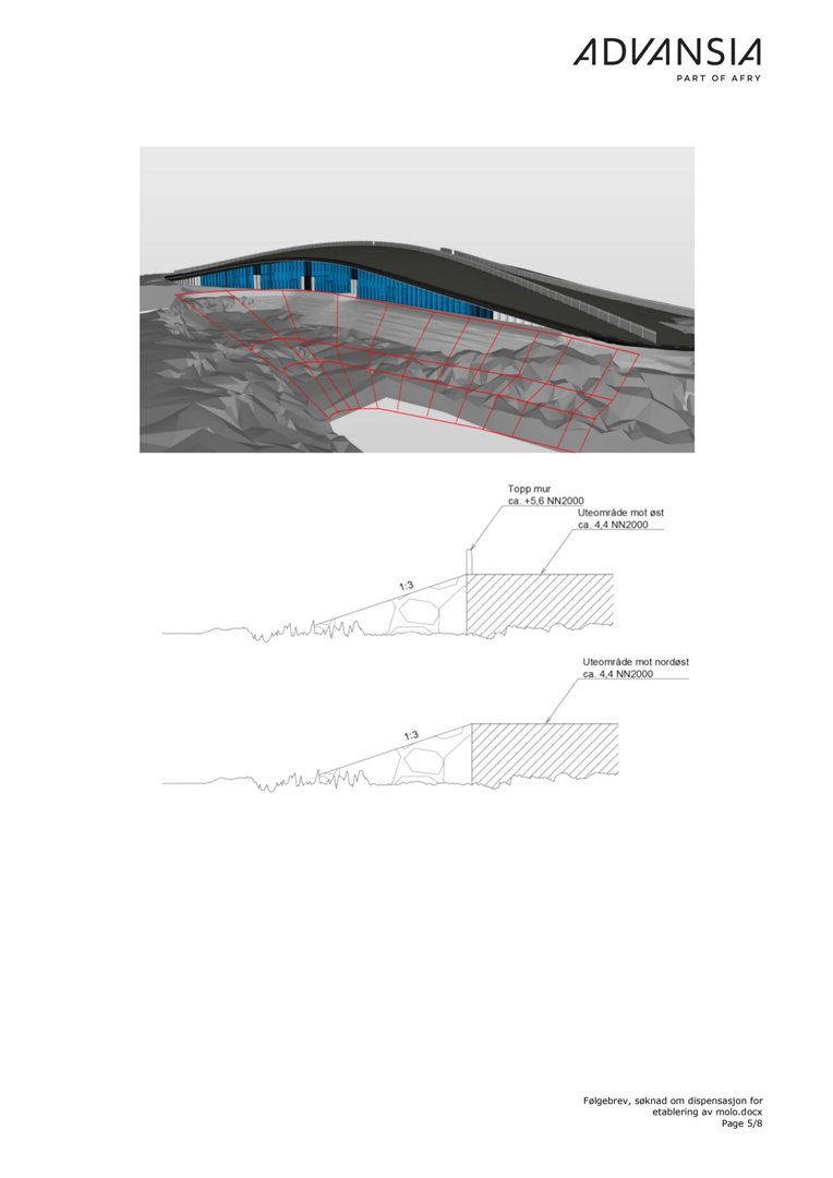 Bildet viser en 3D-visualisering (rendering) av en bygning med en karakteristisk bueformet taklinje, sett fra siden. Under visualiseringen er det tegnet inn snittegninger som viser grunnforholdene, terrengformingen og plasseringen av en toppmur.