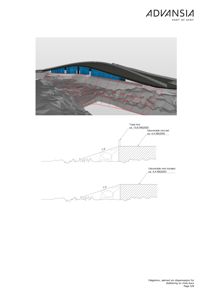 Bildet viser en 3D-visualisering (rendering) av en bygning med en karakteristisk bueformet taklinje, sett fra siden. Under visualiseringen er det tegnet inn snittegninger som viser grunnforholdene, terrengformingen og plasseringen av en toppmur.
