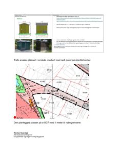 Situasjonsplan som viser eiendomsinndeling, nabogrenser og plassering av en planlagt trafostasjon (SGT) i forhold til eksisterende bygninger.