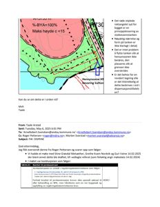 En situasjonsplan eller tomtetekning som viser bygningens plassering i forhold til reguleringer, hensynssoner (f.eks. H5 bevaring kultur), vannløp og høydebegrensninger. Bildet inneholder også en e-posttekst og et vedlegg med tabell.