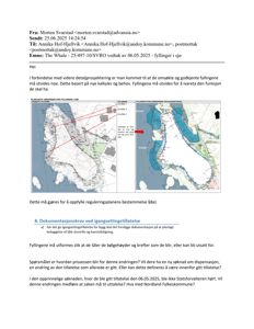 Bildet viser en e-post med teksten om fyllinger i sjø, og inneholder to kart som illustrerer planlagte endringer i et område (situasjonsplaner).