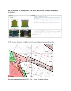 Situasjonsplan som viser plassering av en planlagt trafostasjon (trafo) i forhold til nabogrenser, veier og andre tomtegrenser.