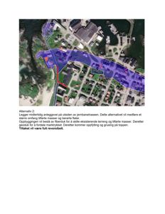 Satellittbilde (flyfoto) av et område med overlagte grafiske elementer (fargefelt og linjer) som illustrerer et alternativ for anleggsvei og marktrykkfordeling.