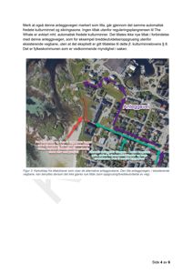 Et kartutklipp (fotografi) som viser et nabolag med overlagte ruter og tekst som markerer alternative anleggsveier.