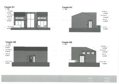 Fasadetegninger for fire sider av en bygning (SV, NV, NØ, SØ) med mål og høyder.